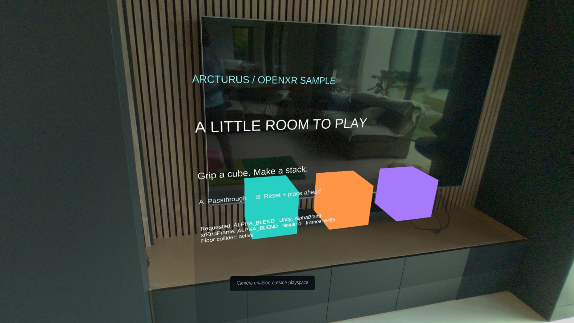 Unity sample on Steam Frame showing three colored cubes over the real room in passthrough