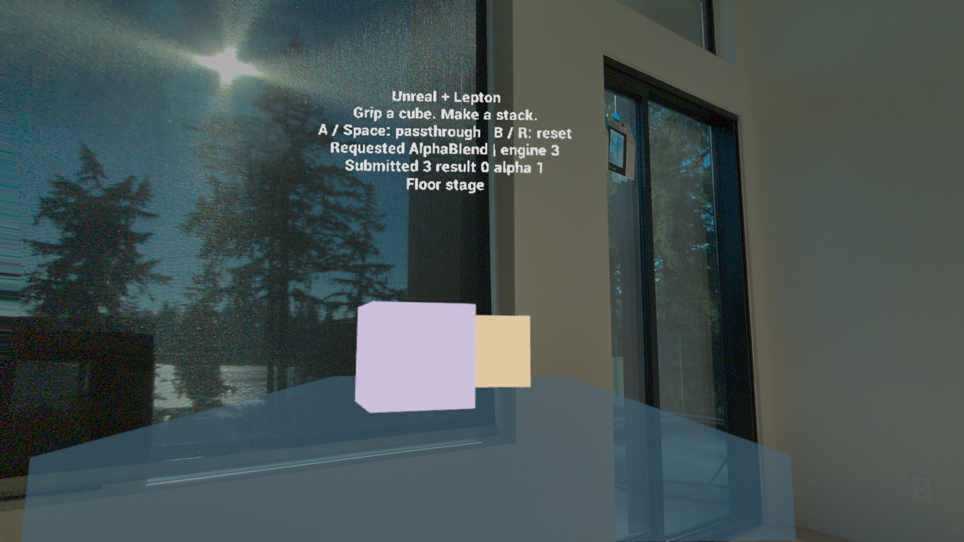 Unreal + Lepton on Steam Frame: opaque colored cubes and a translucent counter over the real room